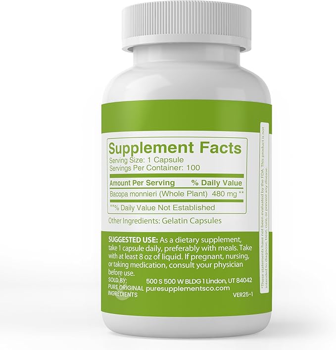 Pure Original Ingredients Bacopa Monnieri, (100 Capsules) Always Pure, No Additives Or Fillers, Lab Verified