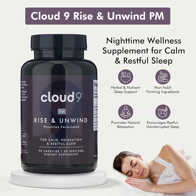 Cloud9 Rise & Unwind PM - Nighttime Wellness Supplement for Relaxation & Rest - Sleep Support Supplement with Herbal & Vitamin Blend for Calm, Restful Sleep - 90 Capsules, 60g
