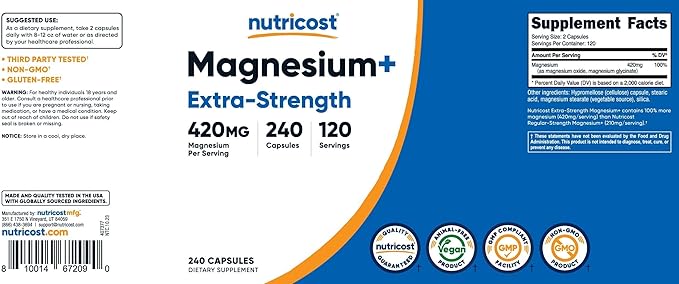 Nutricost Magnesium+ Extra Strength 420mg, 240 Capsules - 120 Servings. Magnesium Oxide and Glycinate - Non-GMO, Gluten Free, Vegan Friendly