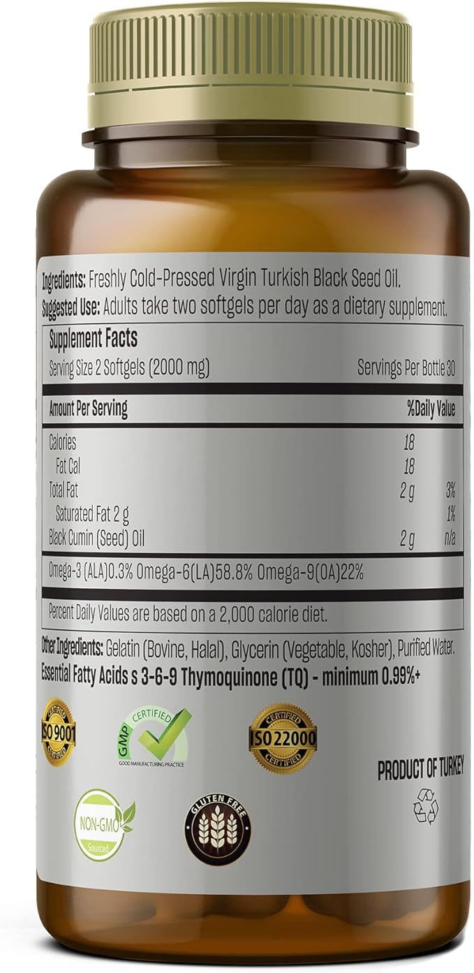 Black Seed Oil Softgel with High Thymoquinone - Immune Support - Digestive Health - Brain Function - Joint Mobility - Cold-Pressed from Non-GMO Turkish Black Cumin Nigella Sativa Seeds