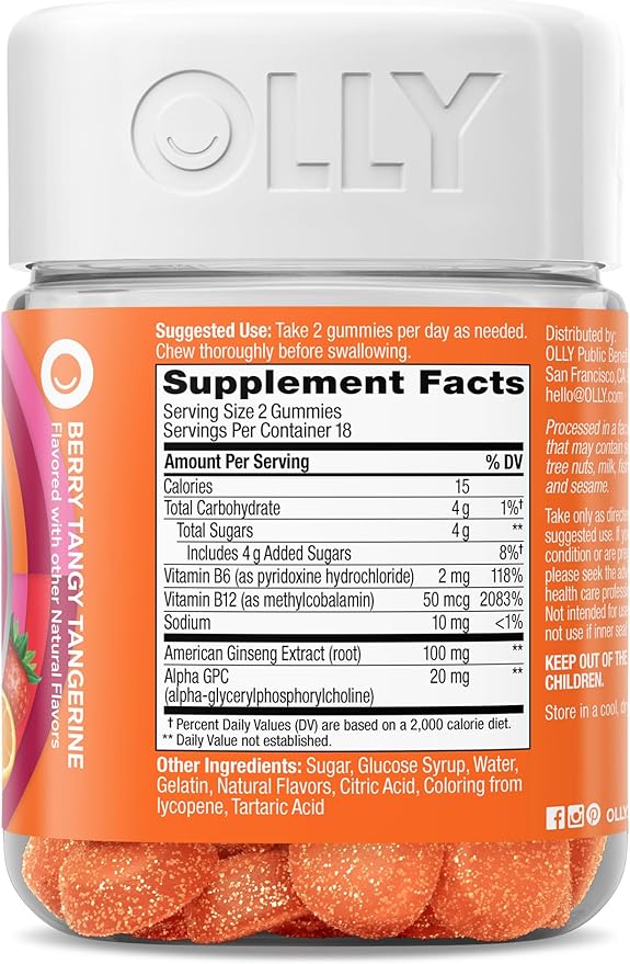OLLY Laser Focus Gummy, Ginseng, Alpha GPC, B Vitamins, Berry Tangerine Flavor - 36 Count