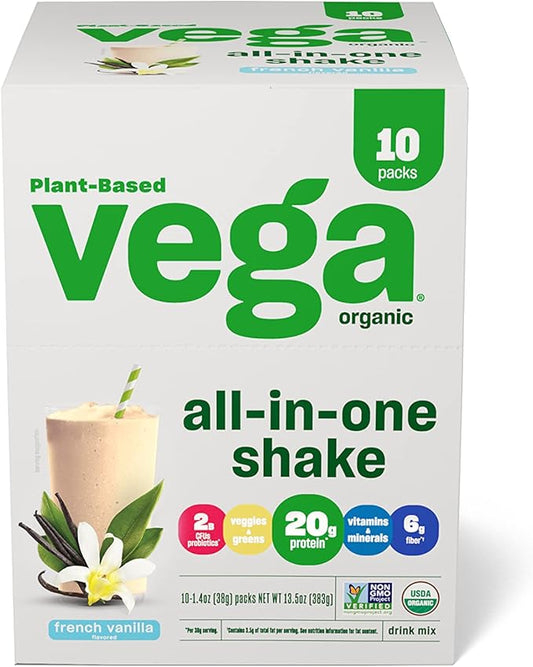 Vega Organic All-in-One Vegan Protein Powder, French Vanilla -Superfood Ingredients, Vitamins for Immunity Support, Keto Friendly, Pea Protein for Women & Men, 13.5 oz (Packaging May Vary)