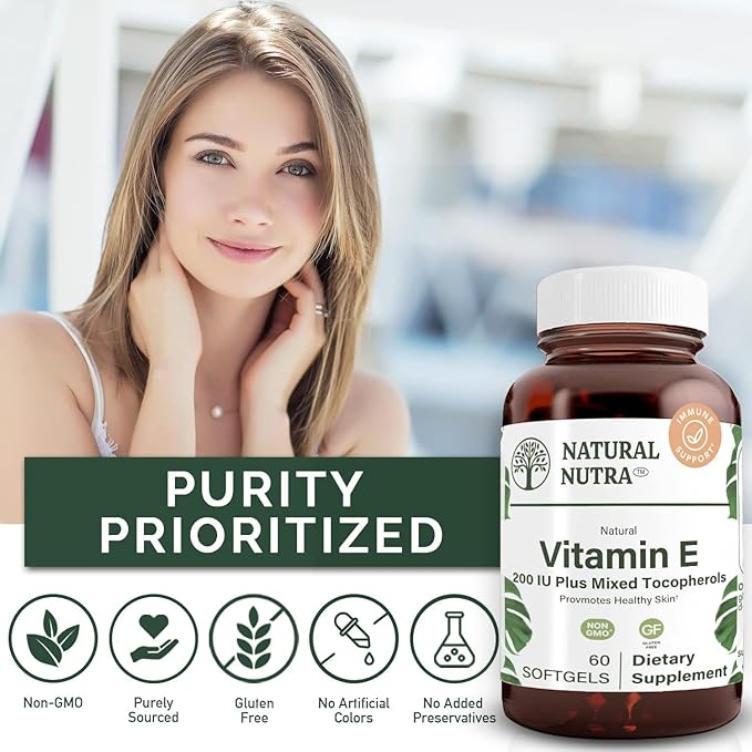 Natural Nutra Vitamin E 200 IU Supplement for Skin, Hair and Nails, Promote Heart Health, Helps Reduce Redness, Helps to Prevent Skin Texture, Promoted Immune System, Gluten Free, 60 Softgels