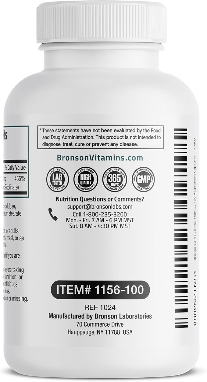 Bronson Zinc 50mg Complex High Potency Immune Support Supplement & Antioxidant and Skin Health - Non GMO, 100 Vegetarian Capsules
