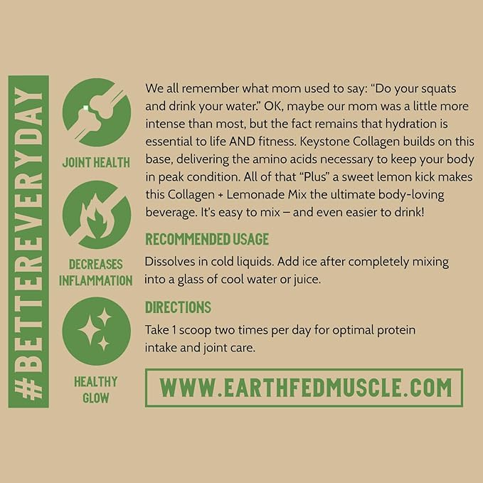 Earth Fed Muscle Keystone Plus Lemonade Collagen - Hair, Skin, Joints, 33 Servings
