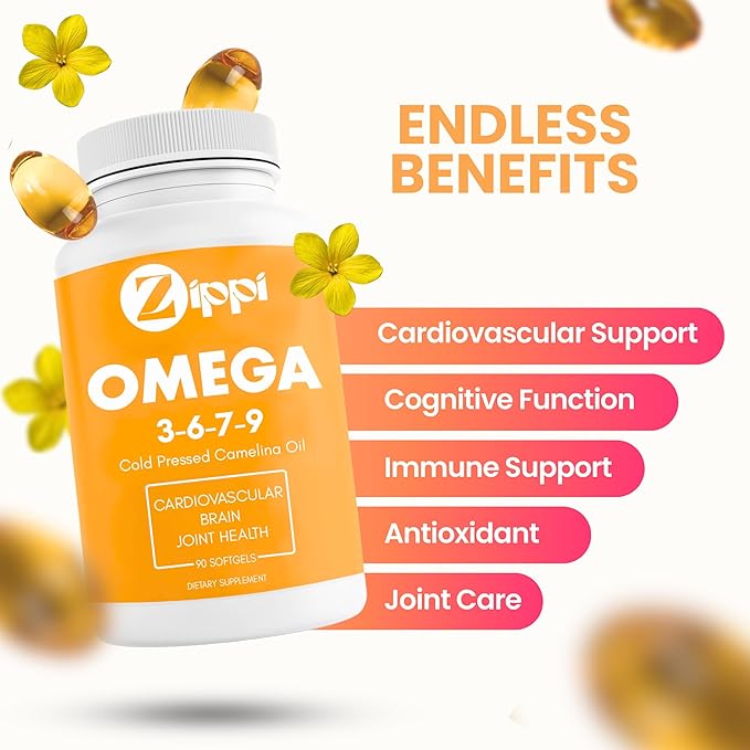 Zippi Omega 3-6-7-9 Camelina Softgels - Plant Based Omega 3-6-7-9 Fatty Acid Supplement. Helps to Support Brain, Liver, Cardiovascular, Immunity and Joint Function
