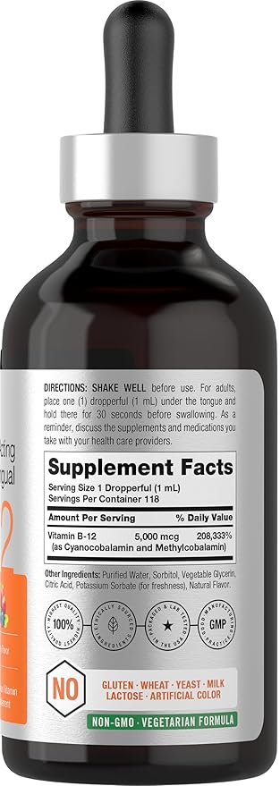 Horbaach B-12 | 5000mcg | 4oz | Berry Flavor Fast-Acting Sublingual Liquid Vitamin B12 | Vegetarian, Non-GMO & Gluten Free Formula