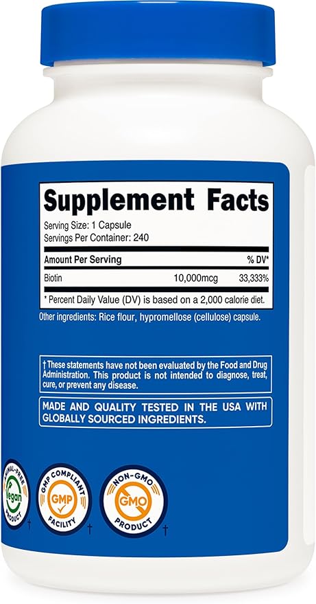 Nutricost Biotin (Vitamin B7) 10,000mcg (10mg) Vitamin Supplement, 240 Capsules - Vegetarian, Gluten Free, Quick Release, Non-GMO