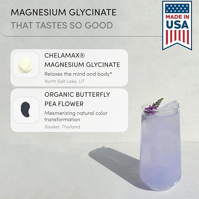 Magnesium Glycinate Powder 200mg | High Absorption Chelated Bisglycinate with Organic Butterfly Pea Flower | Supports Stress Relief, Calm & Sleep | 8.6 oz, 60 Servings