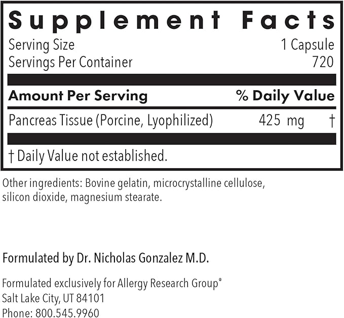 Allergy Research Group Pancreas Dietary Supplement - Digestive Support, Natural Glandur (Pork), Hypoallergenic, Vegetarian Capsules, Gluten Free - 720 Count
