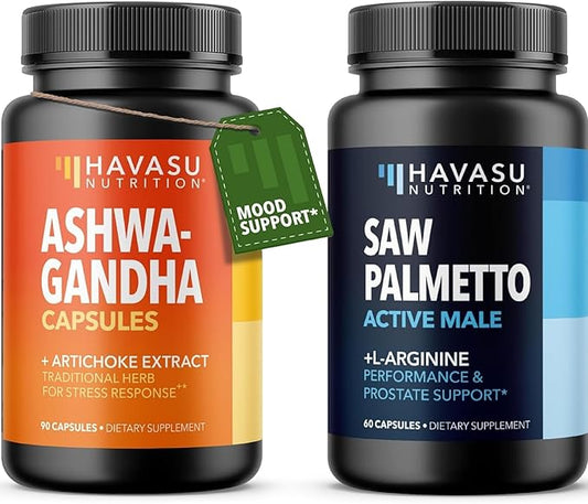 HAVASU NUTRITION High Strength Ashwagandha Supplement Capsules (45 Servings) & Saw Palmetto 500mg L-Arginine 500mg Complex (30 Servings)