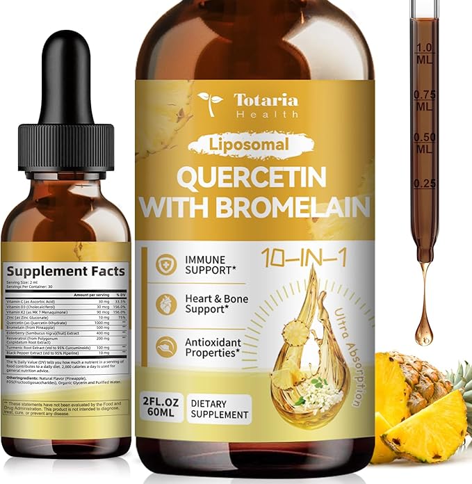Liposomal Quercetin with Bromelain Liquid Drops - High Absorption Quercetin 1000mg & Bromelain 500mg Plus Elderberry,Vitamin C,Zinc for Immune & Antioxidant & Heart & Bone Support- 2 Fl Oz
