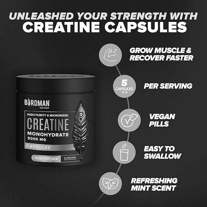 Micronized Creatine Monohydrate Capsules for Muscle Growth & Recovery, Pre & Post Workout, Vegan Creatine, Caffeine Free, Gluten Free, Sugar Free | 50 Servings | 250 Capsules