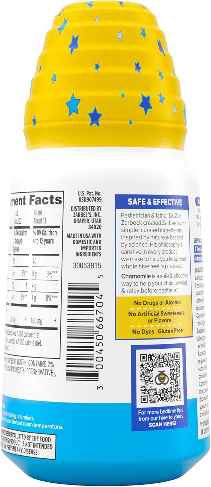 Zarbee's Gentle Bedtime Liquid for Kids - Melatonin-Free Blend of Natural Honey, Lemon, and Chamomile Helps Children Unwind and Relax to Prepare for Sleep, 4oz