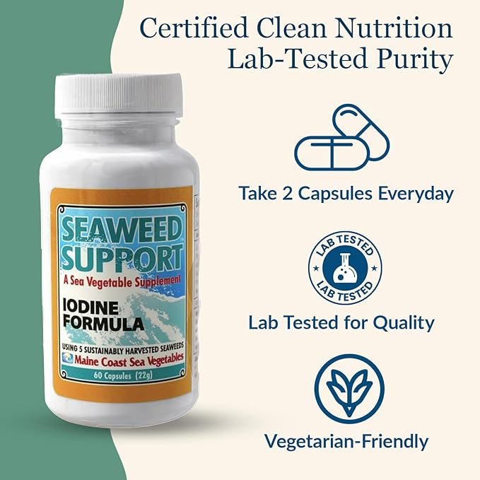 Maine Coast Sea Vegetables Seaweed Support Iodine Formula | Source of Iodine from Seaweed | Daily Use Iodine Supplement | Organic Alaria, Rockweed, Sea Lettuce, Dulse & Bladderwrack blend | 60 Capsule