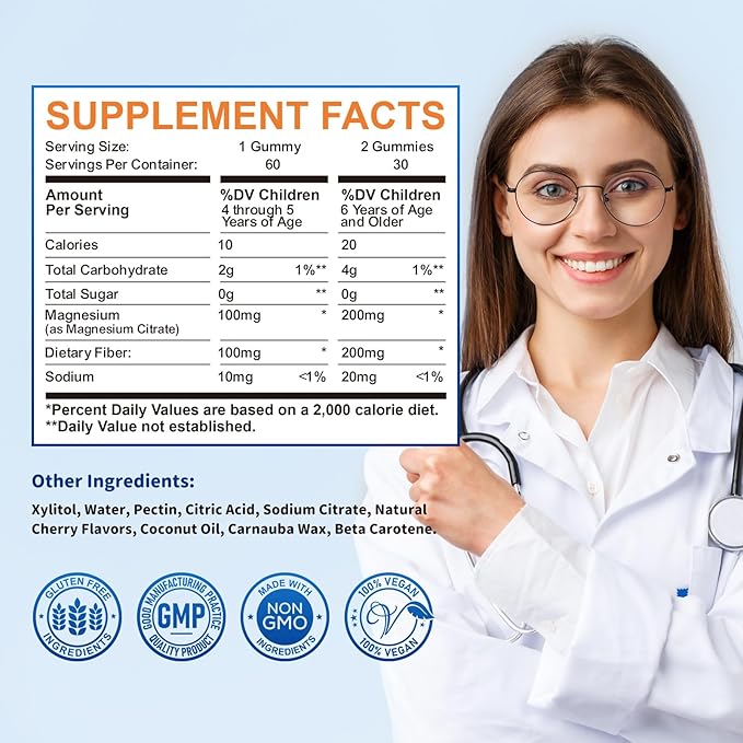 Magnesium Gummies for Kids, Magnesium Citrate Supplement for Adults & Kids, Calm Magnesium Gummies Support Sleep, Bone & Muscle Health, Nerve Relaxation, 60 Cherry Gummies