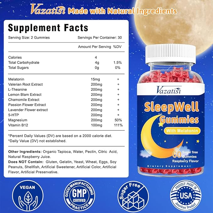 Sleep Gummies for Adults and Kids - Sugar Free Melatonin Gummies with 7.5mg of Melatonin Per Gummy, Magnesium, L-Theanine, Vitamin B12, Vegetarian - 60 Raspberry Gummies