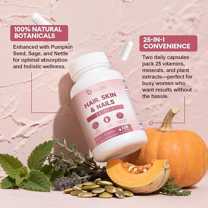Biotin 10,000mcg | Collagen | Hyaluronic Acid | Vitamin B, C, D3, E, Folate, Iron, 25-in-1 Formula Hair, Skin & Nails Supplement, Hair Growth Support, Skin & Nails Complex for Women