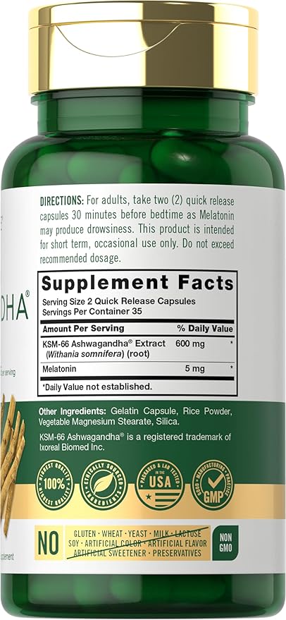 Carlyle KSM-66 Ashwagandha Capsules 600mg | 70 Count | with Melatonin 5mg | Potent Complex | Non-GMO, Gluten Free