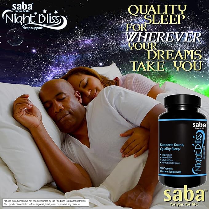 Saba Night Bliss Natural Sleep Aid | Non-Habit Forming | Sleep Supplement for Longer Sleep & Stress Relief w/Magnesium, Melatonin, GABA, Chamomile, & Valerian (60 Vegan Capsules, 30 Day Supply)