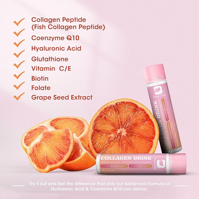 Collagen Peptides Drink, Collagen Peptides Liquid Drink with Coenzyme Q10, Hyaluronic Acid, Biotin & Vitamin C, Vitamin E, Collagen for Women Support Revitalize Skin Elasticity - Apple Flavor