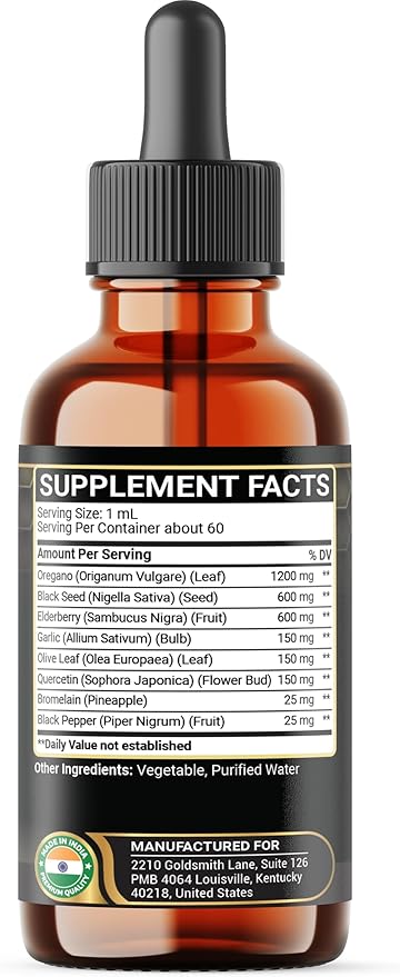 8in1 Oil of Oregano Drops with Black Seed Oil Liquid | Contains Carvacrol | Garlic, Elderberry, Olive Leaf, Quercetin, Bromelain - 2 Fl Oz