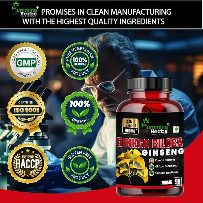 Ginkgo Biloba & Korean Ginseng Supplement – 700mg with Siberian Eleuthero Supports Brain Function, Energy, & Immune – 90 Capsules