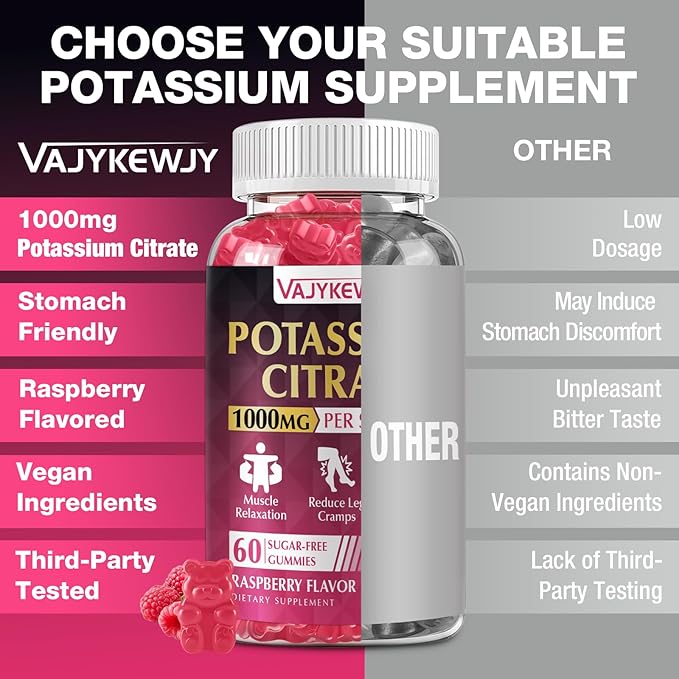 2 Pack Potassium Citrate Gummies, High Potassium Supplement (1000mg), Supports Leg Cramps & Muscle Health, Suitable for Adults & Kids, Vegan, Non-GMO, 120-Count