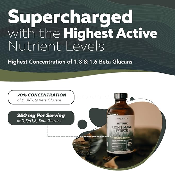 MycoMax Lions Mane Extract - 70% Beta Glucans, Max Potency Organic Lions Mane Supplement, US Grown + Ultrasonic Extraction - 500 mg per serving - Mental Clarity, Focus and Memory - 8 oz.