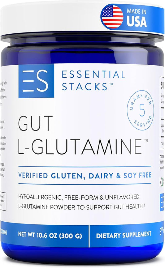 Essential Stacks Gut L-Glutamine Powder - Exclusively Made in USA - Pure L Glutamine Powder for Gut Health (60 Servings, Unflavored)