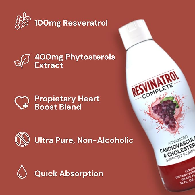 – 32 Fl. Oz. Advanced Liquid Cardiovascular & Cholesterol Support Formula – Liquid Resveratrol Supplement Promotes Healthy Aging, Heart Health & Energy Levels