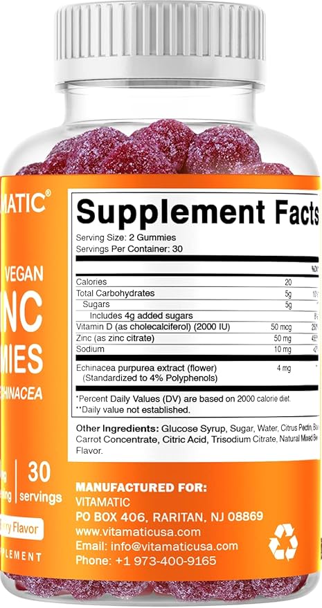 Vitamatic Zinc 50mg Gummies – 60 Vegan Gummies Gluten Free – Healthy Immune Support for Adults, Men & Women