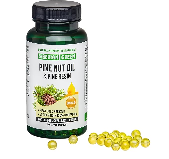 Pine Nut Oil w/Pine Resin Capsules 200 Softgels Wild Harvested Siberia Altai Cold Pressed Unrefined