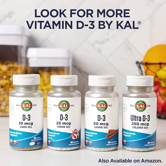 KAL Vitamin D3 400 IU Softgels (10 mcg), Active Form of Vitamin D, Calcium Absorption, Bone Health, Immune Support Supplement, Liquid Filled ActivGel, Made Without Soy, 100 Servings, 100 Softgels