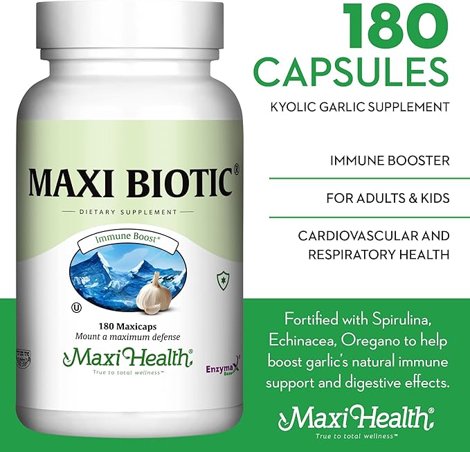 Maxi Health - Maxi Biotic Aged Garlic Extract Capsules (180 Count) | Kyolic Garlic Supplement with Spirulina, Echinacea, Oregano and Enzymax - Natural Antioxidant - Wellness Support