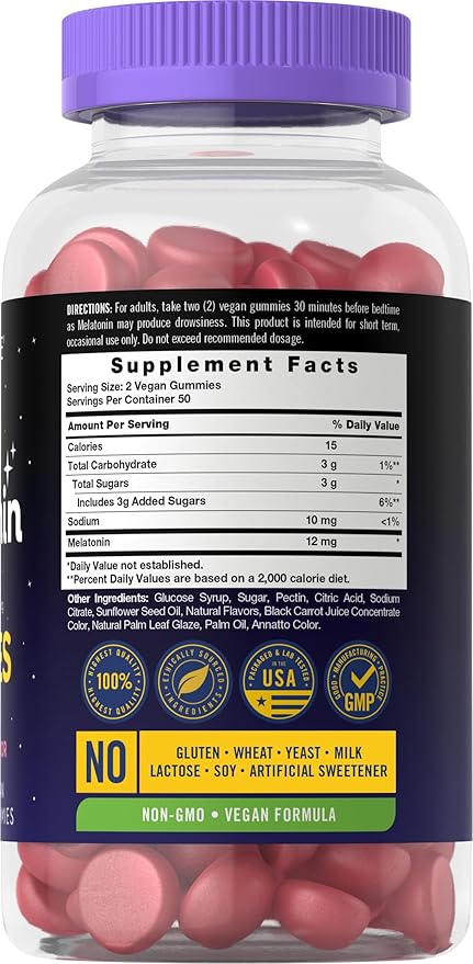 Carlyle Melatonin Gummies 12mg | 100 Count | Berry Flavor | Vegan Supplement | Non-GMO, Gluten Free