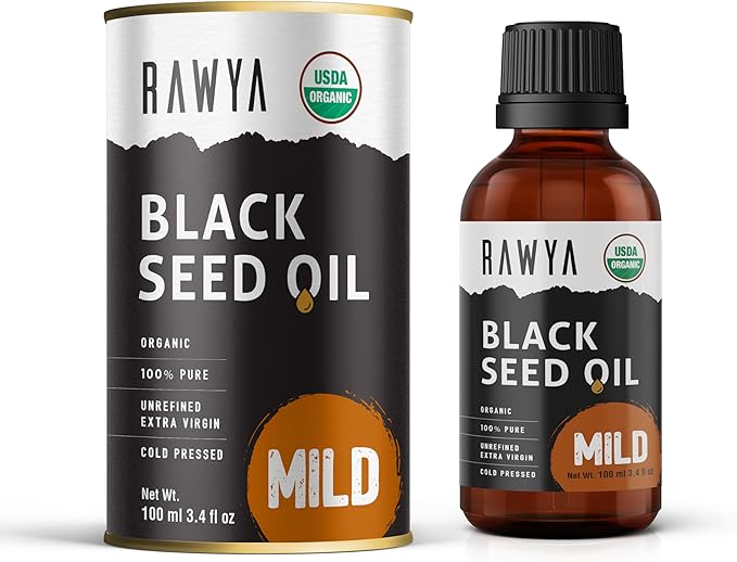 RAWYA Black Seed Oil - Cold Pressed - Black Cumin Seed - Premium Nigella Sativa - Omega 3 6 9 - Kalonji for Skin and Healthy Hair - Non-GMO, Gluten-Free - Wellness Oil - Mild Flavor - 3.4 Fl Oz
