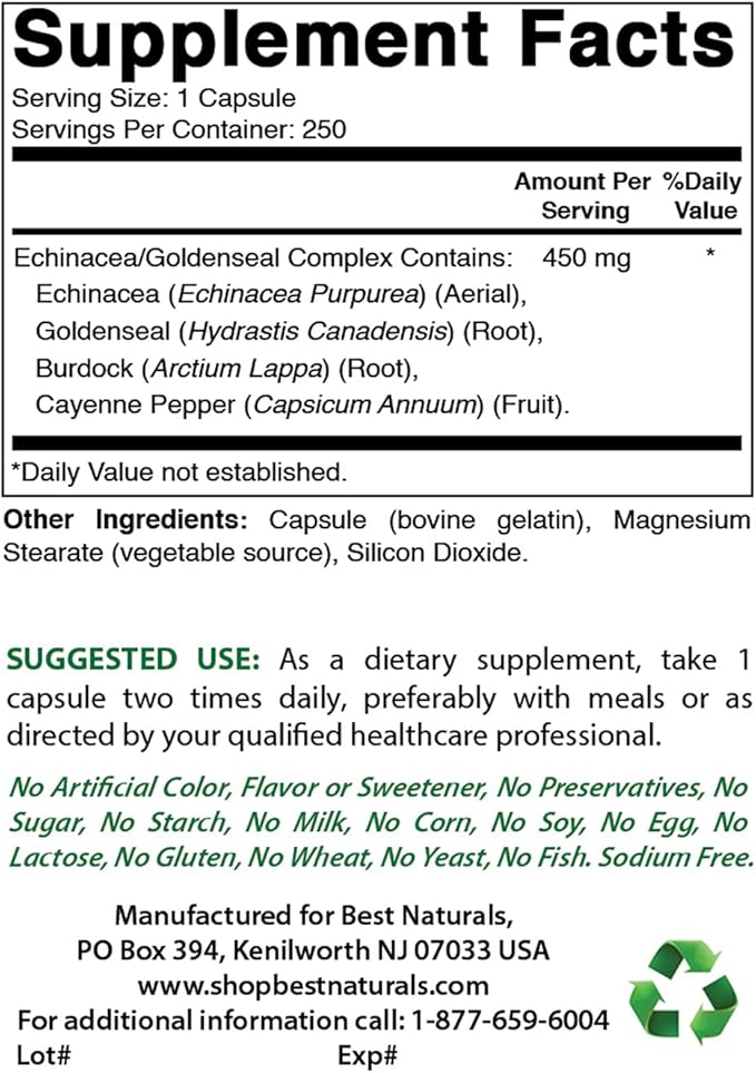 Best Naturals Echinacea Goldenseal 450 mg 250 Caps