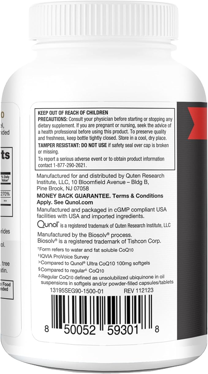Qunol CoQ10 200mg Softgels, Ultra CoQ10 - Ultra High Absorption Coenzyme Q10 Supplements - Antioxidant Supplement for Vascular and Heart Health & Energy Production, 90 Count