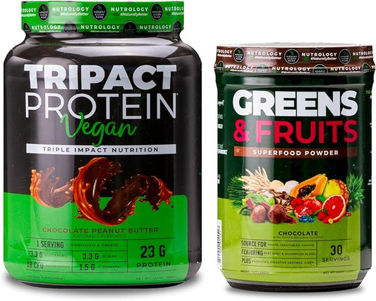 Nutrology Greens & Fruits Powder-Naturally Sourced Superfood, Chocolate (30 Servings) TRIPACT Vegan Protein Powder, for Vegan Protein Shakes, Chocolate Peanut Butter (20 Servings)