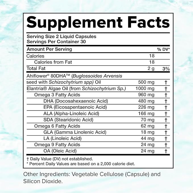 Vegan Omega 3 Supplement- 960mg Omega-3 Fatty Acids, DHA, EPA, SDA, ALA Supplement - Immune Support- 30 Servings, 60 Liquid Capsules