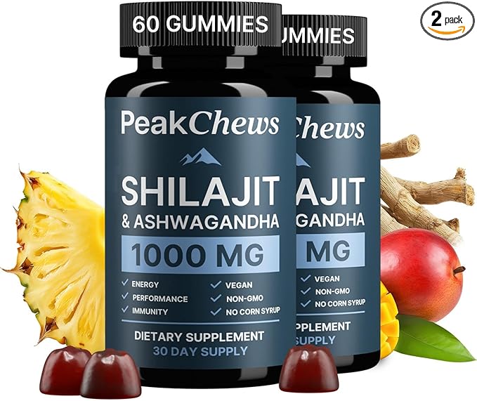 Pure Himalayan Shilajit Gummies for Men with Ashwagandha - Shilajit and Ashwagandha for Men - Boost Energy, Mood, Motivation - High Potency and Absorption, Vegan-Friendly - 120 Count