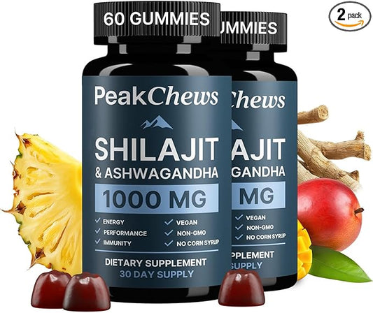 Pure Himalayan Shilajit Gummies for Men with Ashwagandha - Shilajit and Ashwagandha for Men - Boost Energy, Mood, Motivation - High Potency and Absorption, Vegan-Friendly - 120 Count