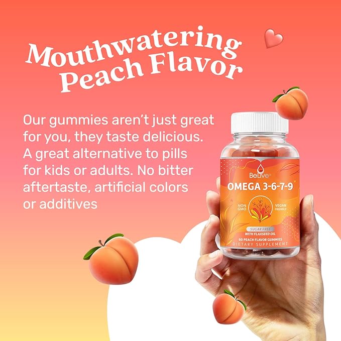 BeLive Organic Omega 3 Gummies - Omega 3 6 9 7 DHA & EPA from Flaxseed Oil & Sea Buckthorn Fruit Oil, Vegan, for Kids & Adults, Full Body, Brain & Eye Support, Sugar Free – Peach | 3-Pack