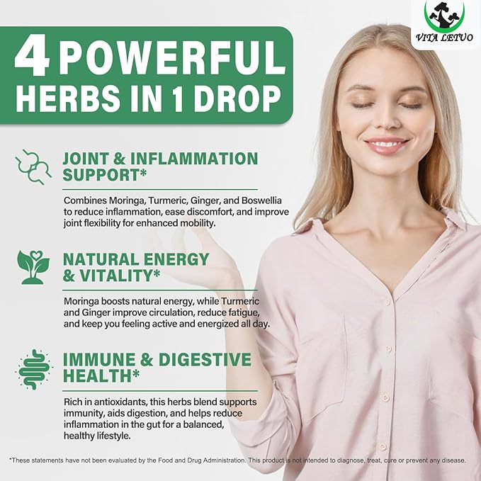 Moringa Drops - Organic Moringa Leaf Extract Liquid with Turmeric Ginger Boswellia for Energy, Skin Health, Gut Health - High Absorption Green Superfood w/Essential Vitamins & Amino Acids