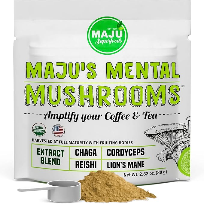 Maju Superfoods Mental Mushroom Powder Extract, Strong Lions Mane, Chaga, Reishi, Cordyceps, Fruiting Bodies for Coffee, Immune System Booster, Nootropic Brain Supplement, Memory, Organic Mushrooms