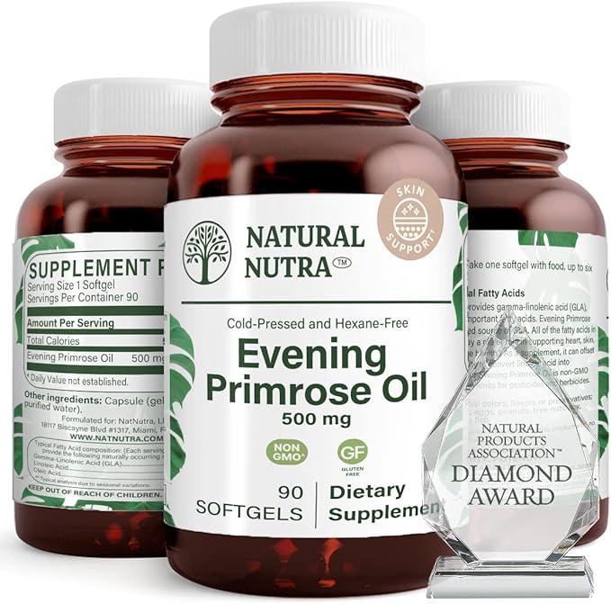 Natural Nutra Evening Primrose Oil Supplement from Fatty Acid, Nerve Health, Helps Reduce Skin Blemishes, Balance Body Secretions, Promote Heart Health, Skin Clarity, 500 mg, 90 Softgels