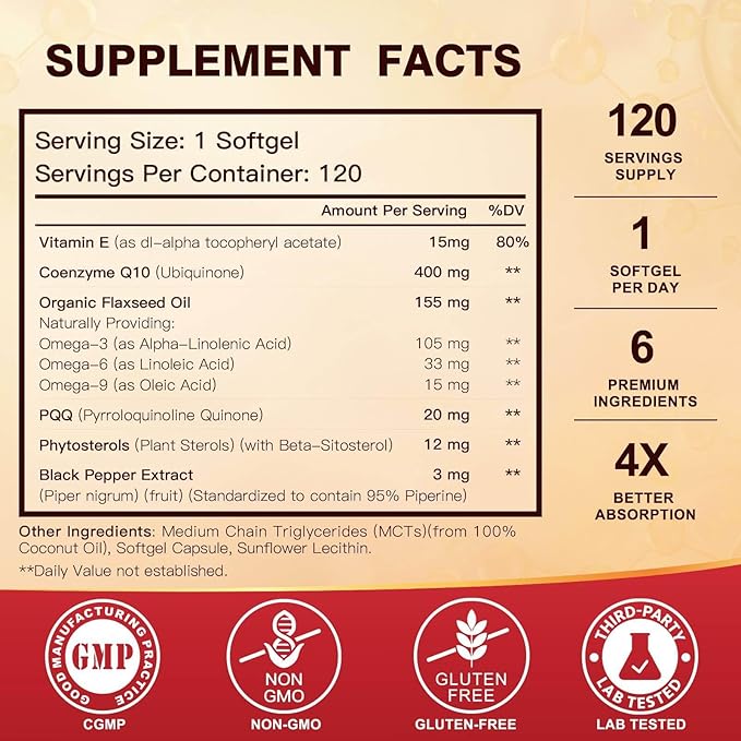 CoQ10 400mg SoftGels COQ10 - CQ10 Coenzyme Q10 Supplement, Plus PQQ, Omega 3, and Vitamin E, for Heart and Cellular Energy, 120 Servings