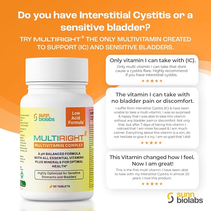 MULTIRIGHT | LOW ACID MULTIVITAMIN for Sensitive Stomachs, Bladders or IC | 14 Vitamins & 14 Minerals | Bladder-Friendly, pH Balanced | Easy on Digestion-Less Acidic | Buffered Vitamin C | 90 Tablets