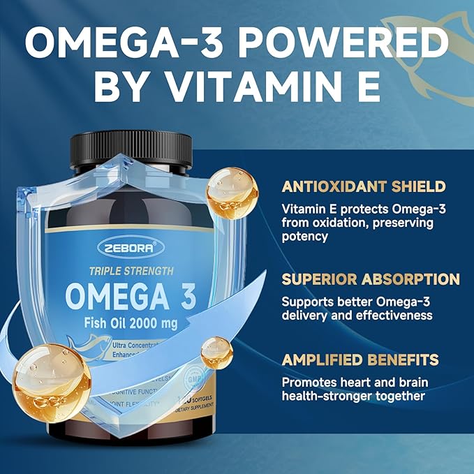 Triple Strength Omega-3 Fish Oil 2000mg with Vitamin E – Ultra High-Potency EPA, DHA & DPA Fatty Acids – Supports Heart, Brain, Eye, Skin & Immune Health – Non-GMO, 120 Softgels